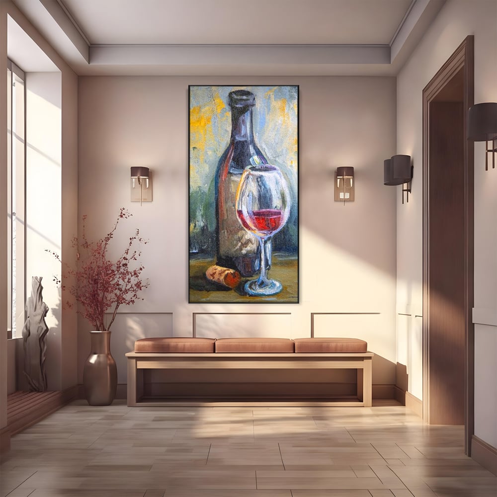 Tablou Canvas Pictura cu Sticla de Vin si Pahar, Gri si Maro, N1015